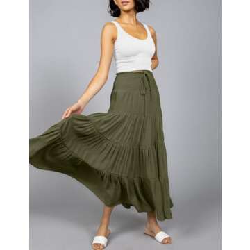 HAEOF Women's Summer Flowy Boho Maxi Skirt Trendy Drawstring Elastic High Waist Pleated Tiered A Line Beach Long Skirts