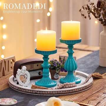 Romadedi Candle Holders Coastal Farmhouse Decor - Vintage Pillar Candle Holder Set of 2 Rustic Resin Candle Stand for Table Centerpiece Beach Bathroom Fireplace, Teal Blue