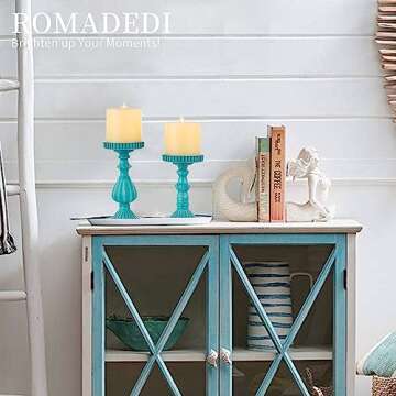 Romadedi Candle Holders Coastal Farmhouse Decor - Vintage Pillar Candle Holder Set of 2 Rustic Resin Candle Stand for Table Centerpiece Beach Bathroom Fireplace, Teal Blue