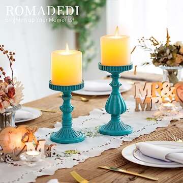 Romadedi Candle Holders Coastal Farmhouse Decor - Vintage Pillar Candle Holder Set of 2 Rustic Resin Candle Stand for Table Centerpiece Beach Bathroom Fireplace, Teal Blue