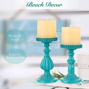 Romadedi Candle Holders Coastal Farmhouse Decor - Vintage Pillar Candle Holder Set of 2 Rustic Resin Candle Stand for Table Centerpiece Beach Bathroom Fireplace, Teal Blue