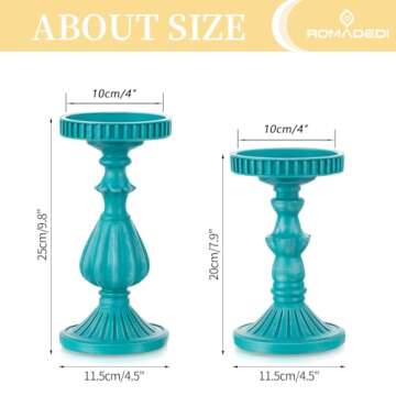 Romadedi Candle Holders Coastal Farmhouse Decor - Vintage Pillar Candle Holder Set of 2 Rustic Resin Candle Stand for Table Centerpiece Beach Bathroom Fireplace, Teal Blue