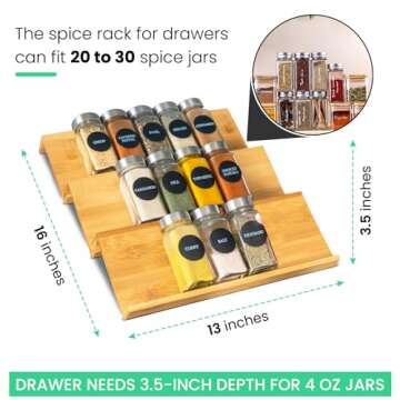 Green Stand Market - Bamboo Spice Rack - 13" W x 4" D x 3.5" H - 3-Tier - Holds 20-30 Jars - Customi...