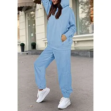 Ladies Jogger Outfit Sweatsuit 2 Piece Long Sleeve Hooded and Pant Set Tracksuit Blue M
