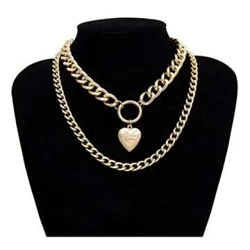 EFTOM Layered Gold Chunky Choker Necklaces for Women-Retro Heart Locket Choker-Punk Hip Hop Style Metal Chain Neckalce Jewelry