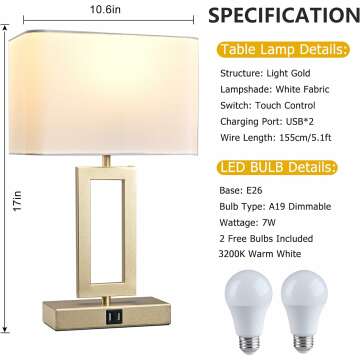 Stylish Touch Control Table Lamps with USB Ports