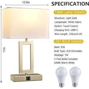 Stylish Touch Control Table Lamps with USB Ports