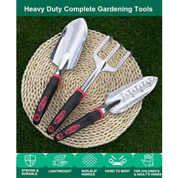 ESOW Garden Tool Set with Non-Slip Rubber Handle, 3 Piece Cast-Aluminum Heavy Duty Gardening Kit Includes Hand Trowel, Transplant Trowel and Cultivator Hand Rake, Red