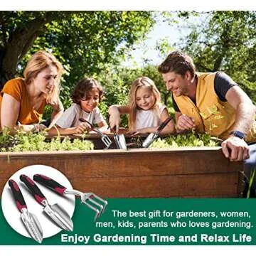 ESOW Garden Tool Set with Non-Slip Rubber Handle, 3 Piece Cast-Aluminum Heavy Duty Gardening Kit Includes Hand Trowel, Transplant Trowel and Cultivator Hand Rake, Red