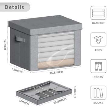 Clothes Storage Bins with Foldable Metal Frame - 36L Large Capacity Stackable Linen Fabric Organizer Set,Carrying Handles,Clear Window,for Bedding,Blankets,sweater