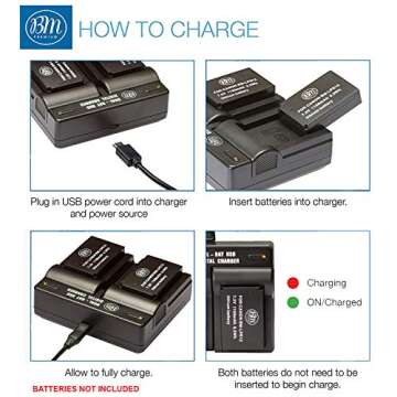 BM Premium LP-E12 Dual Battery Charger for Canon EOS-M, EOS M2, EOS M10, EOS M50, EOS M50 II, EOS M100, EOS M200, SX70 HS, Rebel SL1 Cameras