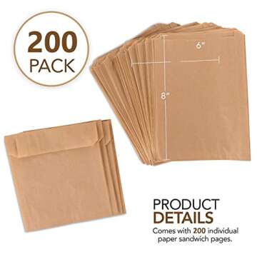 Paper Sandwich Bags Kraft Brown 200 Pack - Biodegradable and Compostable Food Grade Paper Bags - Unbleached Compostable Natural Kraft Paper Stock Bags for Bakery Cookies, Treats, Snacks, Sandwiches…