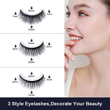 Natural Magnetic Eyelashes with Eyeliner,3 Pairs Natural Look False Lashes Kit,3D Short Eyelash Set with Reusable Waterproof Magnetic Liner Kit