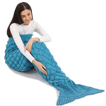 FANYITY Mermaid Tail Blanke, Knitted Mermaid Sofa Blanket Quilt Living Room Handmade Crochet Mermaid Fishtail Blankets Sleeping Bag for Adult Women Girls 200cm X 90cm (Blue)
