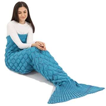 FANYITY Mermaid Tail Blanke, Knitted Mermaid Sofa Blanket Quilt Living Room Handmade Crochet Mermaid Fishtail Blankets Sleeping Bag for Adult Women Girls 200cm X 90cm (Blue)