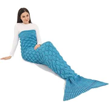 FANYITY Mermaid Tail Blanke, Knitted Mermaid Sofa Blanket Quilt Living Room Handmade Crochet Mermaid Fishtail Blankets Sleeping Bag for Adult Women Girls 200cm X 90cm (Blue)