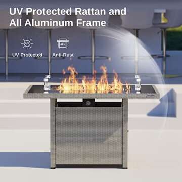 EAST OAK 44'' Propane Fire Pit Table, 60,000 BTU Gas Fire Table w/Aluminum Frame, H Type Burner and Tempered Glass Tabletop, CSA Listed Outdoor Patio Firepit with Wind Guard, Fire Glass and Lid, Grey