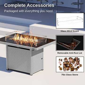 EAST OAK 44'' Propane Fire Pit Table, 60,000 BTU Gas Fire Table w/Aluminum Frame, H Type Burner and Tempered Glass Tabletop, CSA Listed Outdoor Patio Firepit with Wind Guard, Fire Glass and Lid, Grey
