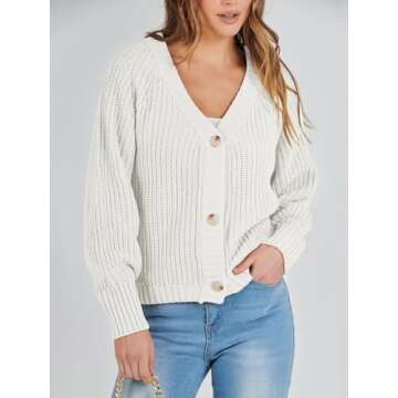 Caracilia Women's Chunky Cardigans Sweaters Open Front Long Sleeve Cute Knit Button Loose Short Cozy Outerwear 2024 Fall Coat White Medium