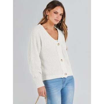 Caracilia Women's Chunky Cardigans Sweaters Open Front Long Sleeve Cute Knit Button Loose Short Cozy Outerwear 2024 Fall Coat White Medium