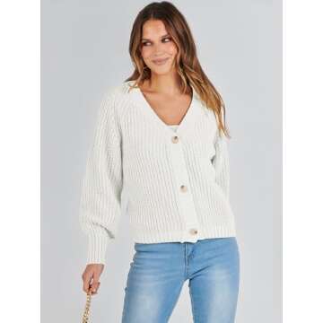 Caracilia Women's Chunky Cardigans Sweaters Open Front Long Sleeve Cute Knit Button Loose Short Cozy Outerwear 2024 Fall Coat White Medium