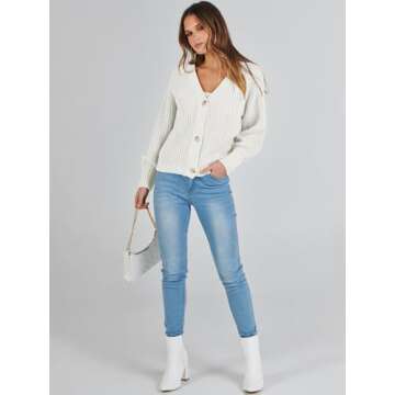 Caracilia Women's Chunky Cardigans Sweaters Open Front Long Sleeve Cute Knit Button Loose Short Cozy Outerwear 2024 Fall Coat White Medium