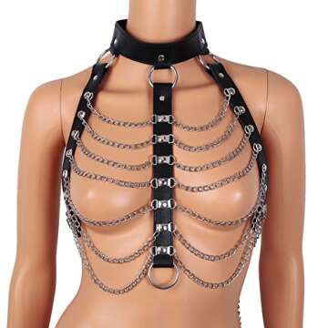 iiniim Women's Faux Leather Harness Punk Gothic Metal Chain Tassel Body Caged with Lock (One Size, Black)