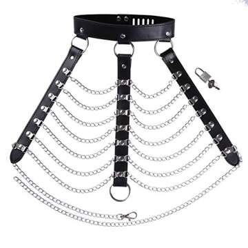 iiniim Women's Faux Leather Harness Punk Gothic Metal Chain Tassel Body Caged with Lock (One Size, Black)