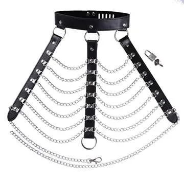 iiniim Women's Faux Leather Harness Punk Gothic Metal Chain Tassel Body Caged with Lock (One Size, Black)