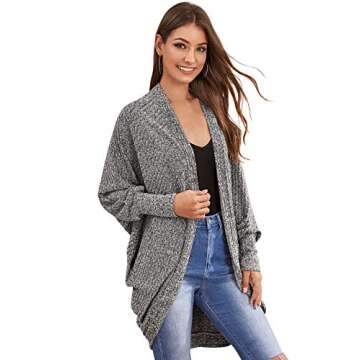SweatyRocks Women's Casual Oversized Open Front Dolman Long Sleeve Knit Cardigan Sweater Grey M