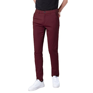Plaid&Plain Men's Skinny Stretchy Khaki Pants - Slim Fit Tapered Trousers 819 Burgundy 28X30