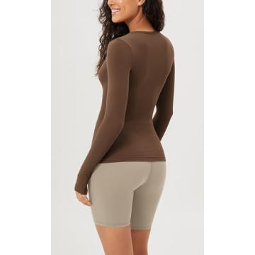 ODODOS Cloud Feeling Long Sleeve Shirts with Thumb Hole for Women Crew Neck Yoga Tee Workout Tops, Brunette, Medium