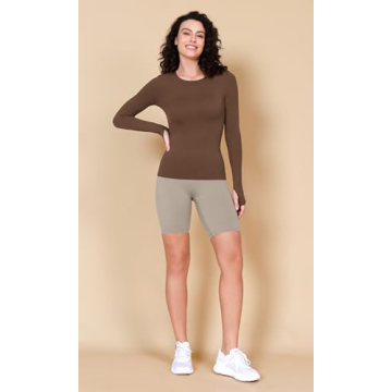 ODODOS Cloud Feeling Long Sleeve Shirts with Thumb Hole for Women Crew Neck Yoga Tee Workout Tops, Brunette, Medium
