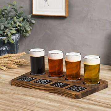 MyGift Beer Tasting Flight Sampler Set - Four 6 oz Pilsner Pub Glasses and Dark Brown Wood Serving Tray and Chalkboard Labels