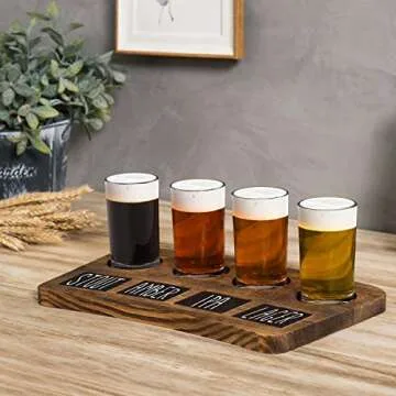 MyGift Beer Tasting Flight Sampler Set - Four 6 oz Pilsner Pub Glasses and Dark Brown Wood Serving Tray and Chalkboard Labels