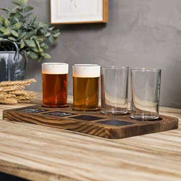 MyGift Beer Tasting Flight Sampler Set - Four 6 oz Pilsner Pub Glasses and Dark Brown Wood Serving Tray and Chalkboard Labels