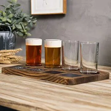 MyGift Beer Tasting Flight Sampler Set - Four 6 oz Pilsner Pub Glasses and Dark Brown Wood Serving Tray and Chalkboard Labels