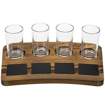 MyGift Beer Tasting Flight Sampler Set - Four 6 oz Pilsner Pub Glasses and Dark Brown Wood Serving Tray and Chalkboard Labels