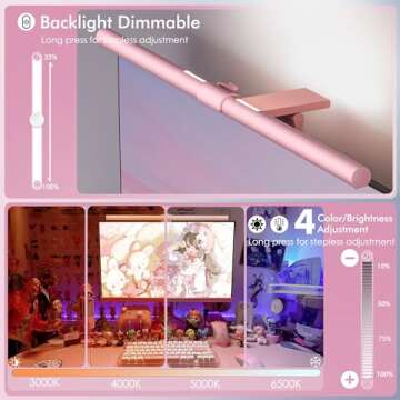 Quntis Pink Monitor Light Bar with Remote, Eye-Care No Glare, Space Saving Computer Desk Lamp As Gifts for Girls, Stepless Dimming, Modern Aesthetic Desk Light Bar for Home Office Gaming Reading