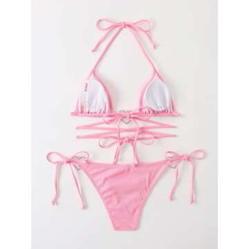 Milumia Women Two Piece Heart Ring Linked Bikini Set Lace Up Tie Halter Swimsuit Pink Large