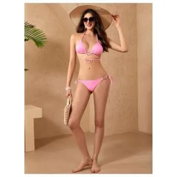Milumia Women Two Piece Heart Ring Linked Bikini Set Lace Up Tie Halter Swimsuit Pink Large