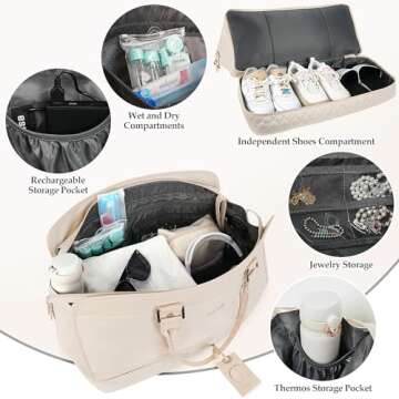 Travgo Weekender Bags for Women Travel, 60L Travel Duffle Bag with Shoe Compartment & Wet Pocket,Carry on Tote Bags with USB Charging Port for Airplanes, Hospital, Sports,Gift (Beige)