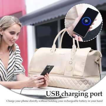 Travgo Weekender Bags for Women Travel, 60L Travel Duffle Bag with Shoe Compartment & Wet Pocket,Carry on Tote Bags with USB Charging Port for Airplanes, Hospital, Sports,Gift (Beige)