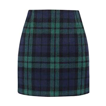 Green Skirt Mini Skirts for Women Fall Winter Dark Academia Wool Plaid Skirt, Green, XS