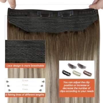 Sunny 100G Invisible Wire Hair Extensions Ombre Human Hair Clip in Extensions with Secret Wire Balayage Dark Brown Ombre Light Brown Blonde Fish Line Hair Extensions Ombre for Long Hair 20Inch
