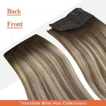 Sunny 100G Invisible Wire Hair Extensions Ombre Human Hair Clip in Extensions with Secret Wire Balayage Dark Brown Ombre Light Brown Blonde Fish Line Hair Extensions Ombre for Long Hair 20Inch