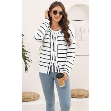 Disamer Women's 2025 Knit Cardigan Sweaters Fall Clothes Long Sleeve Fashion Casual Y2k Tie Open Front Cropped Jackets(Line White,S)