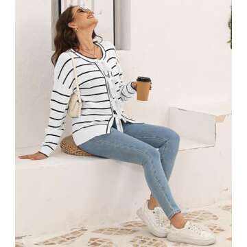 Disamer Women's 2025 Knit Cardigan Sweaters Fall Clothes Long Sleeve Fashion Casual Y2k Tie Open Front Cropped Jackets(Line White,S)