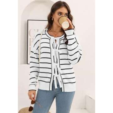 Disamer Women's 2025 Knit Cardigan Sweaters Fall Clothes Long Sleeve Fashion Casual Y2k Tie Open Front Cropped Jackets(Line White,S)