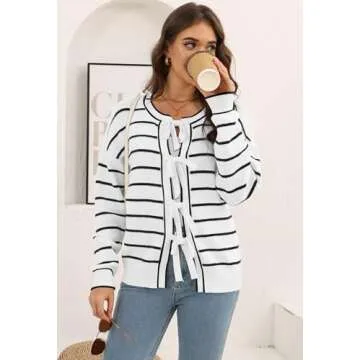 Disamer Women's 2025 Knit Cardigan Sweaters Fall Clothes Long Sleeve Fashion Casual Y2k Tie Open Front Cropped Jackets(Line White,S)